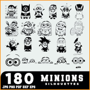 May include: Black and white Minions silhouettes in various poses and costumes. The image includes a mugshot-style Minion with the word "DESPICABLE" and the text "180 MINIONS SILHOUETTES" with file type options: JPG PNG PDF DXF EPS.