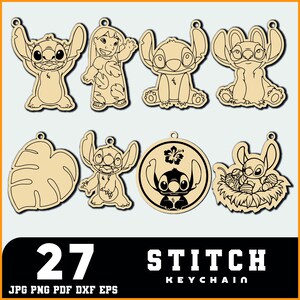 May include: A collection of 27 wooden Stitch keychains in various poses and designs. The keychains are laser cut with a light brown finish. The image includes the text "STITCH KEYCHAIN" and file type options.