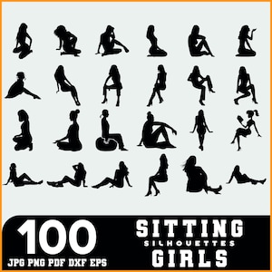 May include: A set of 100 black and white silhouette images of people sitting in various poses. The images are labeled "100 Sitting Silhouettes Girls".
