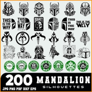 May include: A collection of 200 Mandalorian silhouettes in black and white. The designs include helmets, symbols, and phrases like "This is the Way" and "Bounty Hunter". Formats include JPG, PNG, PDF, DXF, and EPS.