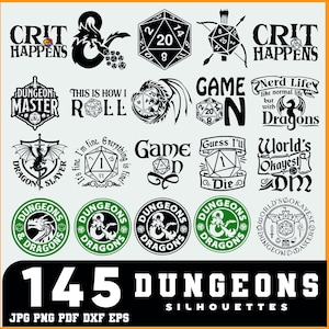 May include: A selection of 145 Dungeons & Dragons silhouettes in black and green. The image features dice, dragons, and phrases such as "Crit Happens" and "Dungeon Master". Formats include JPG, PNG, PDF, DXF, and EPS.