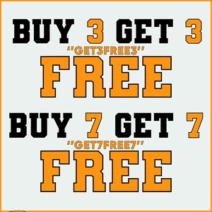 May include: An image with text promoting a deal. The text reads "BUY 3 GET 3 FREE" and "BUY 7 GET 7 FREE". The word "FREE" is in orange, and the rest of the text is in black.