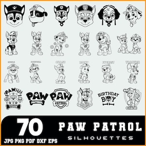 Puede incluir: Siluetas en blanco y negro de Paw Patrol. La imagen incluye varios personajes como Chase, Marshall y Rocky, junto con el texto "70 Paw Patrol Silhouettes" y opciones de tipo de archivo: JPG, PNG, PDF, DXF, EPS.