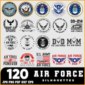 May include: A collection of 120 Air Force silhouettes in various designs. Includes emblems, logos, and text such as "Air Force Forever," "Veteran," and "U.S. Army Air Force." Formats include JPG, PNG, PDF, DXF, and EPS.