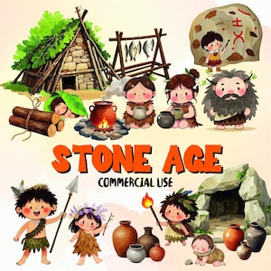 Cute Baby Caveman Clipart, Stone Age Baby Clipart, Prehistoric Boy Girl, Cave Nursery Decor, Baby, Watercolor Kids Set