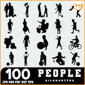 Puede incluir: Una colección de 100 imágenes de siluetas negras de personas en varias poses, incluyendo niños jugando con pelotas, montando en bicicleta e interactuando con adultos. El texto "100 PEOPLE SILHOUETTES" se muestra en la parte inferior, con información del tipo de archivo.