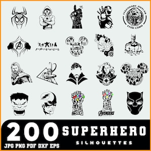 May include: A selection of 200 black and white superhero silhouettes. The image features iconic characters and logos, including Spider-Man, Batman, and Avengers symbols. The text at the bottom reads "200 SUPERHERO SILHOUETTES" with file type options.