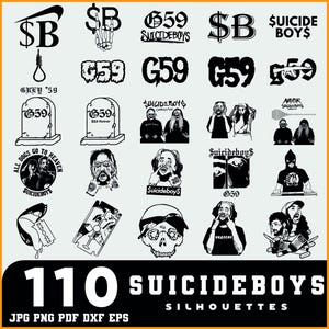 Könnte beinhalten: Eine Sammlung von 110 schwarz-weißen Suicideboys-Silhouetten. Die Designs umfassen das Logo der Band, den Text "G59", Grabsteine, Totenköpfe und andere Grafiken. Das Bild enthält auch den Text "JPG PNG PDF DXF EPS".