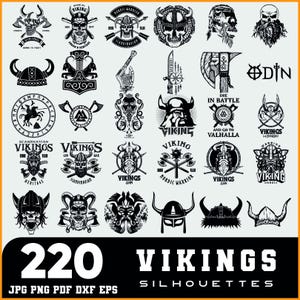 Könnte beinhalten: Eine Sammlung von 220 Wikinger-Silhouetten in Schwarz und Weiß, darunter Schädel, Helme, Äxte und Text. Das Bild enthält den Text "VIKINGS SILHOUETTES" und Dateitypinformationen.