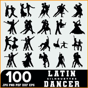 Puede incluir: Un conjunto de 100 imágenes de siluetas negras de parejas bailando la danza latina. Las imágenes están en varias poses y son perfectas para usar en proyectos de manualidades, scrapbooking o diseño digital.