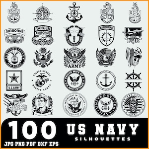 May include: A selection of 100 US Navy silhouettes in black and white. The designs feature anchors, eagles, military emblems, and text such as "USN", "Airborne", and "Army". Formats include JPG, PNG, PDF, DXF, and EPS.