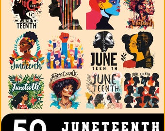 May include: A collection of 50 Juneteenth silhouette PNG images. The images feature diverse portraits, profiles, and graphic designs with the words "Juneteenth" and "June Teen" in various fonts and styles. The background is a light yellow color.