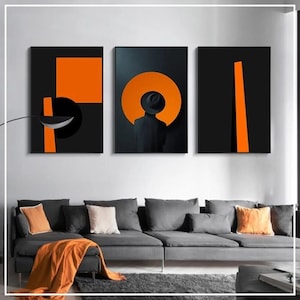 Modern Abstract Orange and Black Wall Art Set – Framed Glass Printed Canvas – Contemporary Geometric Decor for Living Room