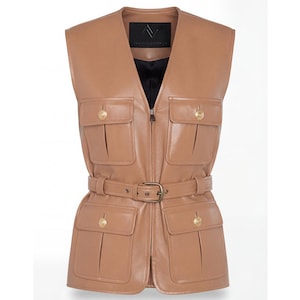 Beige Safari-Weste aus Lammleder für Damen, ärmellose Utility-Jacke mit Gürtel, Capsule Wardrobe