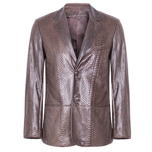 Blazer homme taupe en cuir d'agneau gaufré python, manteau sport ajusté