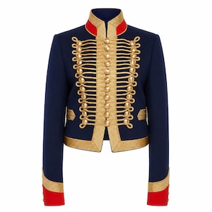 May include: A navy blue jacket featuring a high collar with red trim, long sleeves with red cuffs, and gold metallic braided cord detailing across the front. The front closure is adorned with multiple round gold buttons and horizontal gold trim.