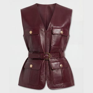 Damen-Safari-Weste aus burgunderrotem Lammleder, ärmellose Utility-Jacke mit Gürtel