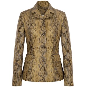 Brown Snake Print Leather Jacket for Women, Olive Brown Lambskin Blazer, Fitted Python Embossed Jacket, Office & Evening Wear