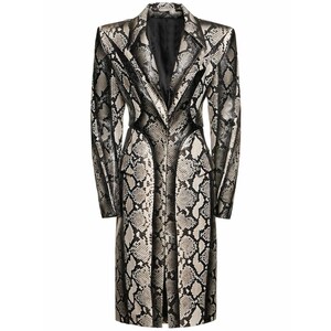 Women's Real Lambskin Leather Snakeskin Print Tailored Long Coat