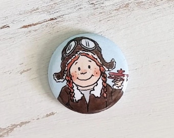 Adorable Amelia Earhart Button Pin, 1" Collectable Button Pin Badges for Backpack, Jacket, etc • Great for party favors & little gifts!