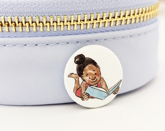 Reading Girl Button Pin, 1" Collectable Button Pin Badges for Backpack, Jacket, etc • Great for party favors & little gifts!