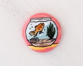 Playful Fish Bowl Button Pin, 1" Collectable Button Pin Badges for Backpack, Jacket, etc • Great for party favors & little gifts!