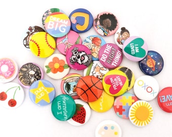 Grab Bag of 5 Random Pins, 1" Collectable Button Pin Badges for Backpack, Jacket, etc • Great for party favors & little gifts!