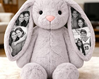 Conejito de peluche con foto personalizada / Regalo personalizado con foto y orejas ocultas para parejas / Recuerdo suave de aniversario / Peluche suave para el Día de la Madre