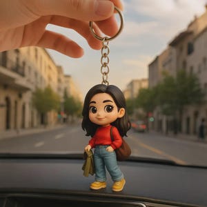 May include: A keychain featuring a cartoon figurine of a woman with black hair, wearing a red sweater, blue jeans, and yellow shoes. She carries a brown bag and a green jacket. The keychain is held up against a blurred city street background.