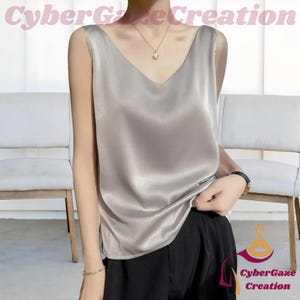 Dames zijden satijnen mouwloze blouse met v-hals, losse zomertanktop, elegante effen satijnen cami, azijnzuur zijden hemdtop voor dames