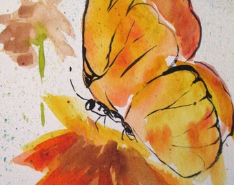 Butterfly and Yellow Flower 9x6 watercolor painting art Delilah