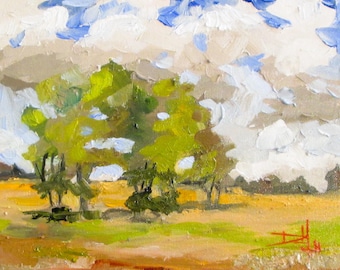 Original oil painting Pastoral Landscape with a cloudy sky.