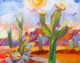 Original landscape oil painting of a warm desert scene.