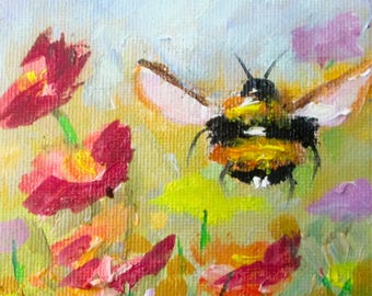 Original small oil painting bee and flowers.