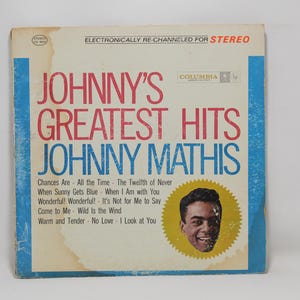 May include: Vintage vinyl record album cover for Johnny Mathis' Greatest Hits. The album cover features the artist's image in a yellow circle, with the album title in red and blue text. The album includes songs like "Chances Are" and "Wonderful! Wonderful!"