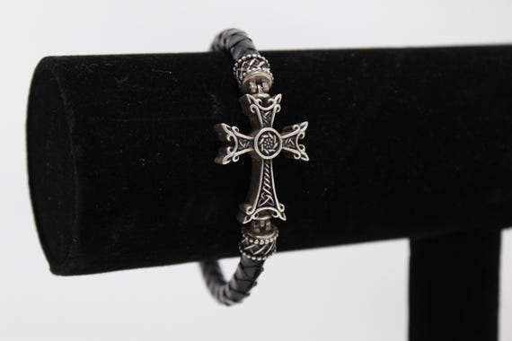 925 Sterling Silver Cross Bracelet Python Leather - image 1