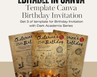 Plantilla editable de invitación de cumpleaños estilo Dark Academia para Canva, invitación de fiesta vintage, estilo brujería celestial, paquete de 3 diseños, descarga instantánea.