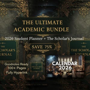 Könnte beinhalten: Das ultimative akademische Bundle mit einem Studentenplaner 2026 und The Scholar's Journal. Das Bild zeigt ein dunkelgrünes und goldenes Design mit dem Text "SAVE 75%", "Goodnotes Ready", "100+ Pages" und "Fully Hyperlink". Ein Kalender 2026 ist ebenfalls abgebildet.