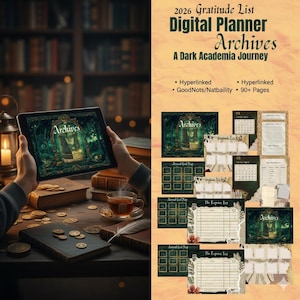 May include: A digital planner with the title "Archives" is displayed on a tablet. The planner's theme is "A Dark Academia Journey." Additional pages show calendars, expense logs, and goal trackers. The image includes a cup of tea, books, and coins.