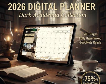 Planificador digital 2026 Dark Academia para Goodnotes / Calendario mensual con hipervínculos / Diario académico imprimible / Planificador estético para estudiantes en PDF