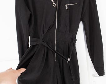 Y2K Black Utility Boiler Suit | Cyber Goth Jumpsuit | Early 2000s Techwear Coveralls | Belted Industrial One Piece | Fits XS