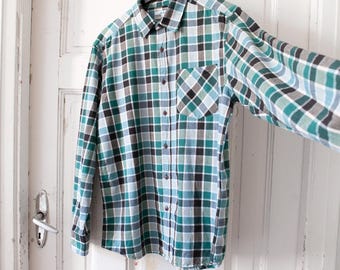 jaren 90 blauw geruit overhemd heren maat L, vintage geruite button-down top met lange mouwen, katoenen geruit overhemd met borstzak tartan houthakkersflanel