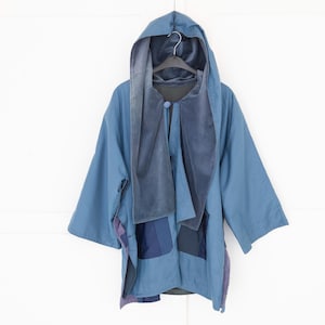 Blue Patchwork Hooded Festival Jacket, Reversible Embroidered Velvet Haori, One Size Baggy Coat