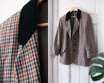 Blazer fino de pata de gallo de los años 90 con cuello de terciopelo verde bosque para mujer, talla XL, GB-20, chaqueta blazer vintage oversize de 3 botones, forrada con bolsillos