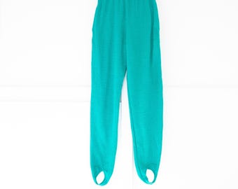 Pantalones de estribo verde eléctrico de los años 80, talla S/M, fabricados en Suecia, pantalones de punto con cintura elástica vintage y bolsillos, pantalones deportivos de estilo retro.