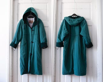 90s Oversize long puffer coat made in FINLAND size 40, M/L, Vintage hooded puffy overcoat with big pockets, Designer quality longline coat