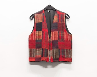 Vintage Made in Italy Patchwork Gilet, 90s Wool Blend Geometric Red Plaid Vest Size 38/40 M / L