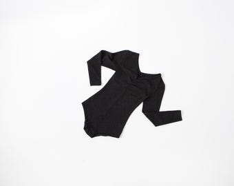 60s 70s Black long sleeve Bodysuit women size XS/S, V-neck front and back fitted Leotard, Retro Fitness, gymnastic, dancing costume