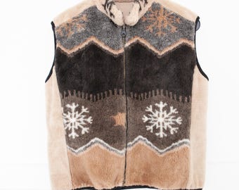 90s Snowflake Fleece Vest Women M Men S Vintage Nordic Fair Isle Geometric Gorpcore Zip Up Gilet Beige Plush Teddy Winter Waistcoat