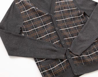 Vintage Karierte Strickjacke S | Dark Academia Wollmischung V-Neck Pullover | Anthrazitfarbener Button Up | Männer Größe S-Frauen-M Old Geld-Stil